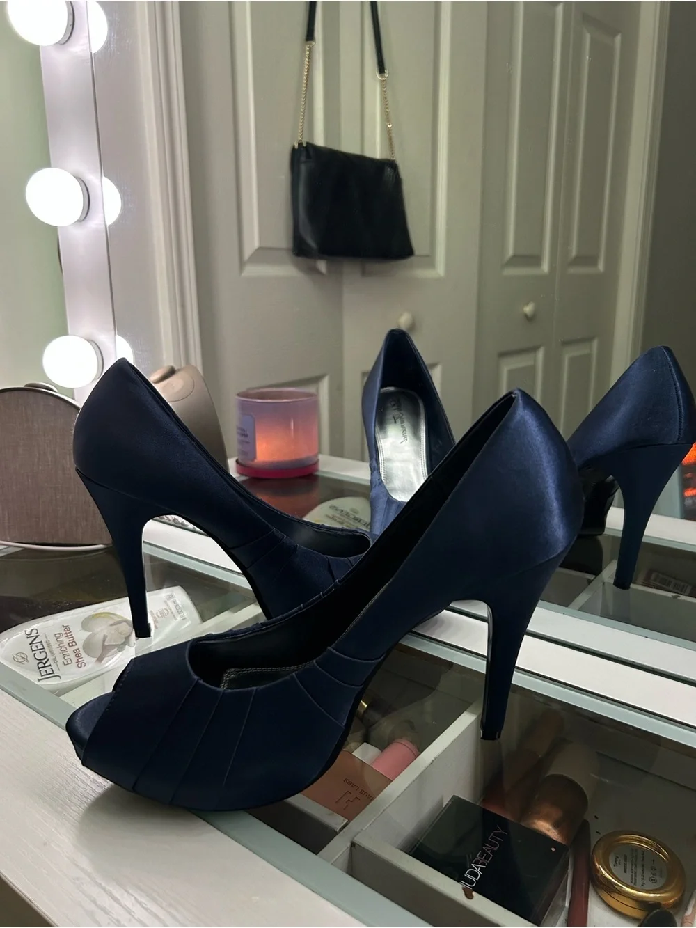 Lulu Townsend Navy Satin Peep-Toe Stiletto Heels